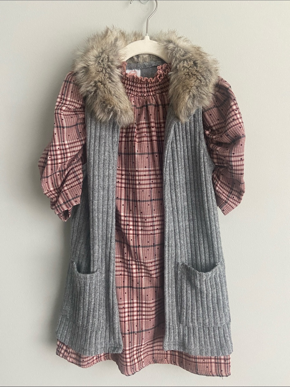 Plaid Smocked Dress with Gray Ribbed Vest and Faux Fur Collar size 6 girls